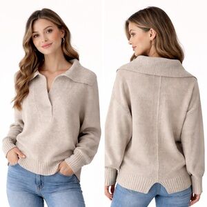 Brochu Walker Wool Blend Oversized Henley Sweater Beige Knit Pullover Size Small